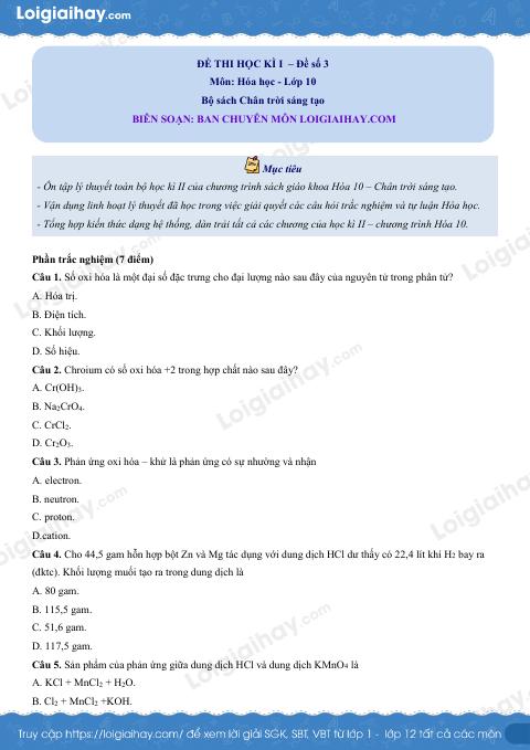Đề thi học kì 2 Hóa 10 Chân trời sáng tạo - Đề 3